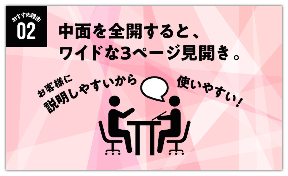 中面を全開すると、ワイドな3ページ見開き 中面を全開すると、ワイドな3ページ見開き
